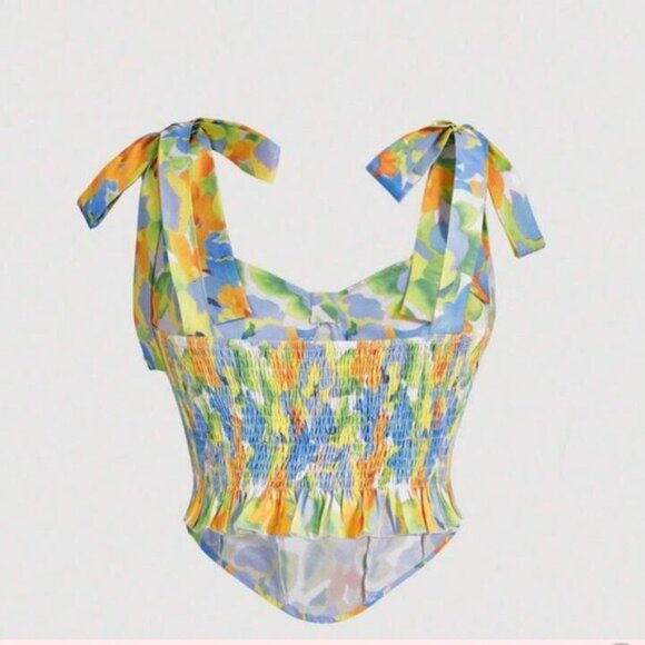 Floral Tie Strap Crop Top XS Y2K Tropical Coquette Summercore Cottagecore Vibes - Picture 2 of 10